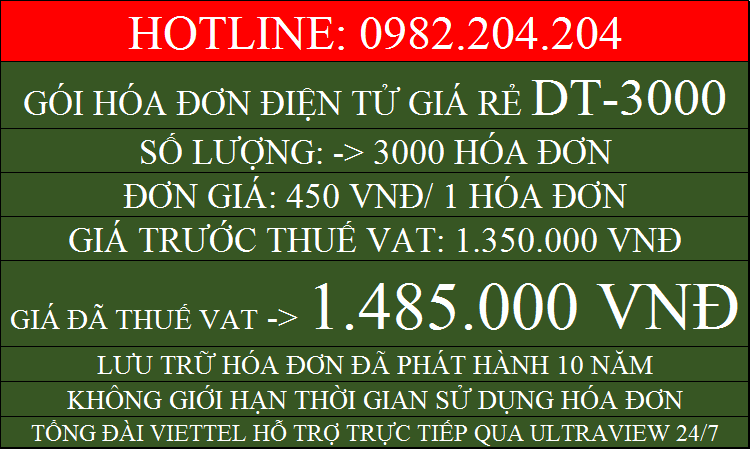 Đăng ký hóa đơn điện tử Viettel HCM gói DT3000 chỉ 1485000