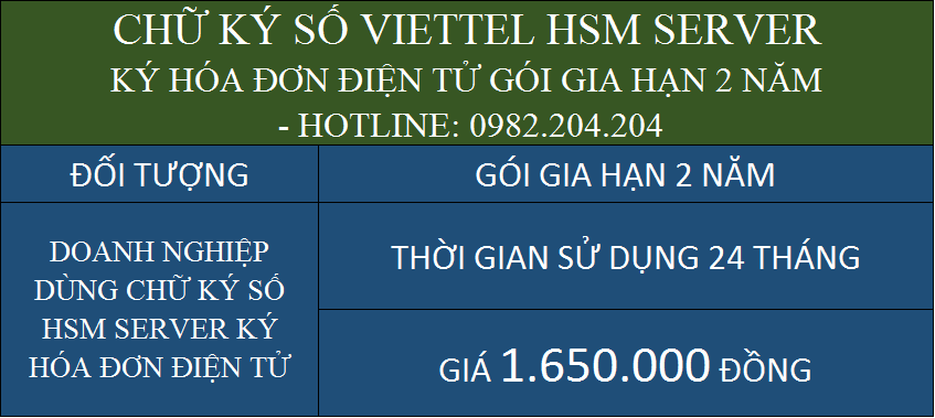 Chữ ký số HSM Server Viettel gói gia hạn 2 năm