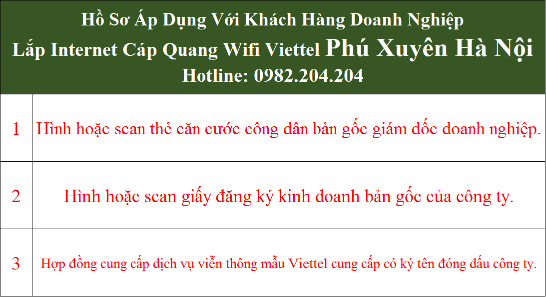 Đăng ký lắp wifi Viettel Phú Xuyên Hà Nội hồ sơ doanh nghiệp
