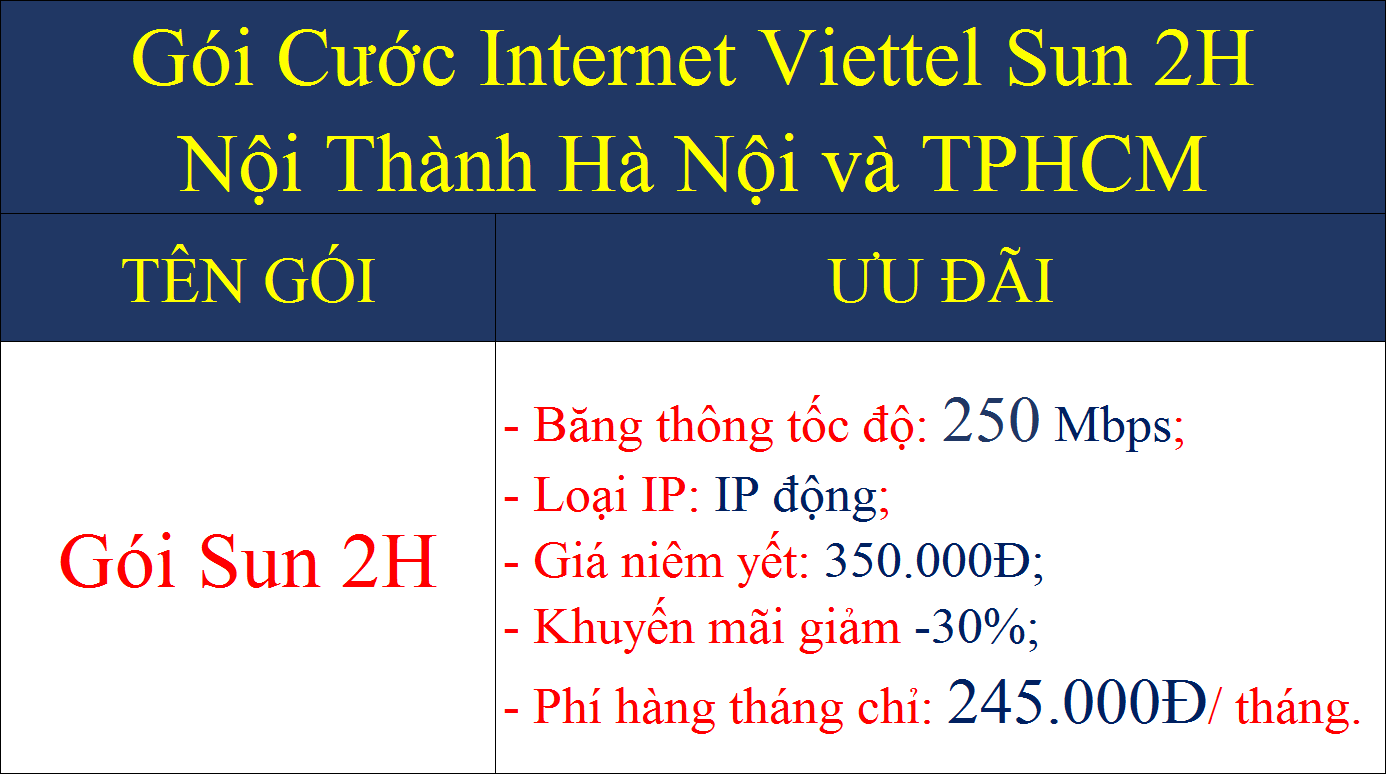Gói cước internet Viettel Sun 2H tại nội thành Hà Nội và TPHCM