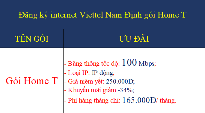 Đăng ký internet Viettel Nam Định gói Home T